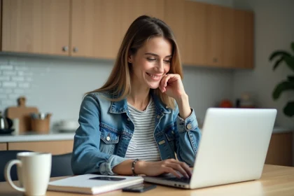 Femme en denim et rayures examine un ordinateur dans la cuisine