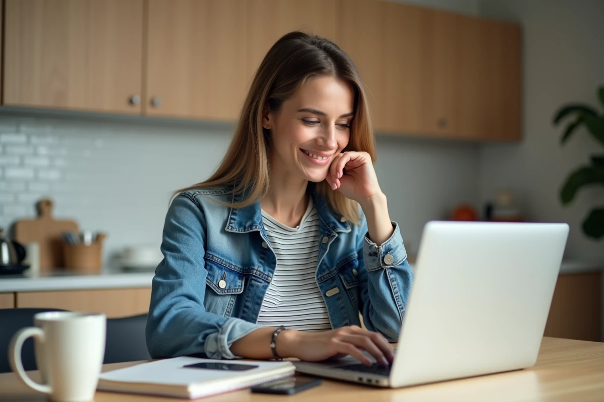 Femme en denim et rayures examine un ordinateur dans la cuisine