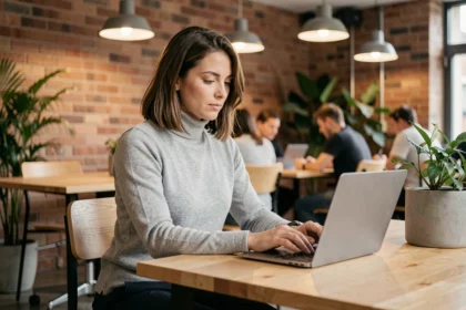 Femme travaillant dans un espace de coworking moderne à Angers avec murs en briques et plantes vertes