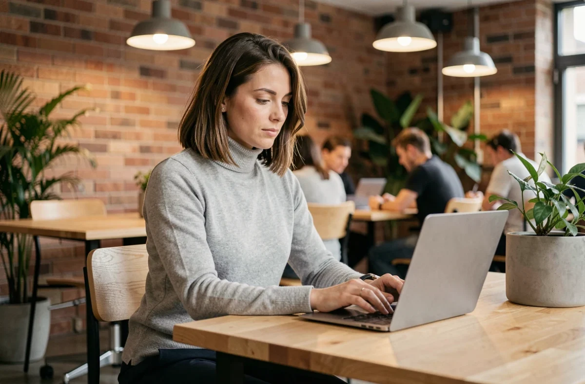 Femme travaillant dans un espace de coworking moderne à Angers avec murs en briques et plantes vertes
