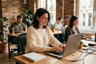 Femme travaillant dans un espace de coworking moderne à Carquefou, assise à un bureau partagé en bois avec un ordinateur portable