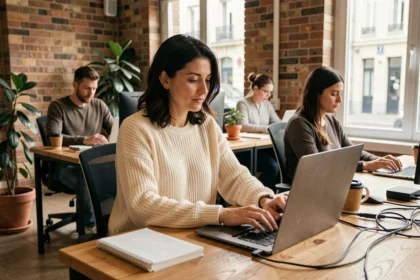 Femme travaillant dans un espace de coworking moderne à Carquefou, assise à un bureau partagé en bois avec un ordinateur portable