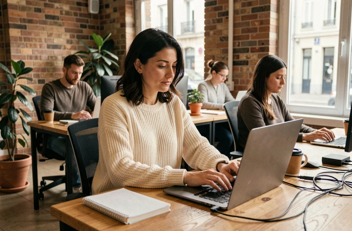 Femme travaillant dans un espace de coworking moderne à Carquefou, assise à un bureau partagé en bois avec un ordinateur portable