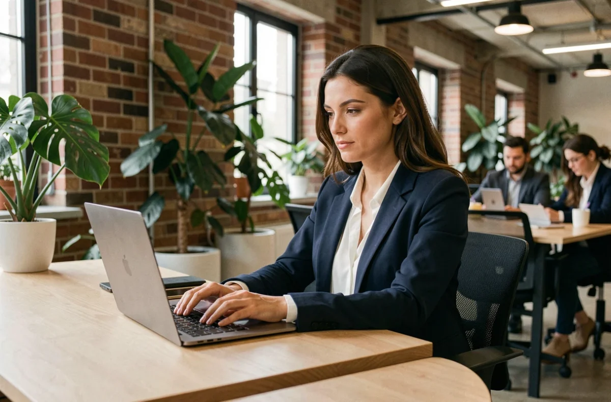 Femme travaillant en espace de coworking près de Saint-Lazare à Paris, assise à un bureau en bois avec un ordinateur portable