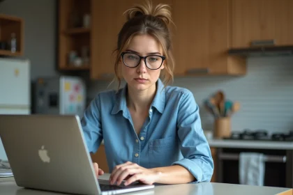 Femme concentr&eacute;e &agrave; la cuisine avec ordinateur portable