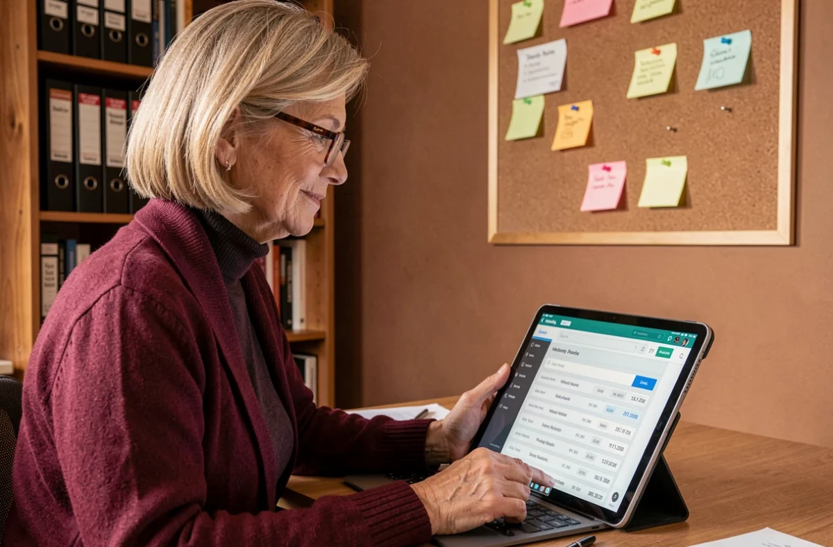 Femme à domicile utilisant une tablette pour rechercher et télécharger un ancien bulletin de salaire depuis une application RH
