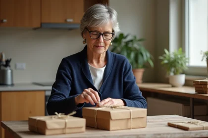Femme de 55 ans emballant des colis à domicile dans sa cuisine, reconversion professionnelle après 50 ans