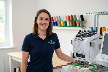 Jeune femme professionnelle pr&egrave;s d'une machine &agrave; broder moderne