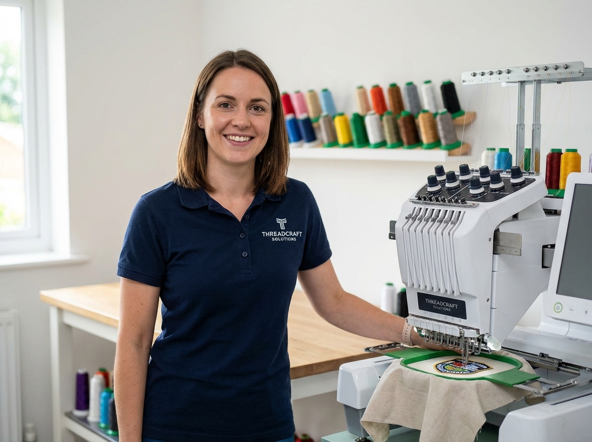 Jeune femme professionnelle près d'une machine à broder moderne
