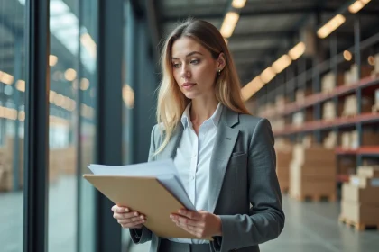 Femme professionnelle examinant des documents dans un centre de distribution