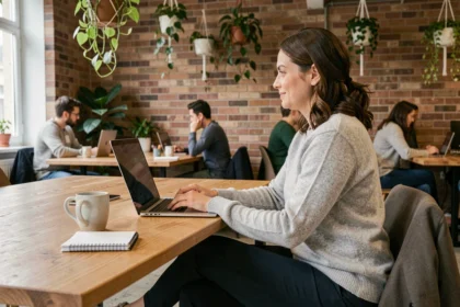 Femme indépendante travaillant sur son ordinateur portable dans un espace de coworking à Rezé, ambiance chaleureuse et moderne