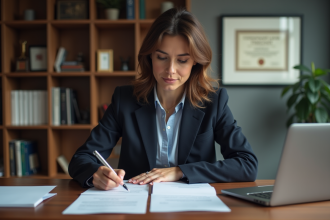 Femme d affaires lisant des documents juridiques