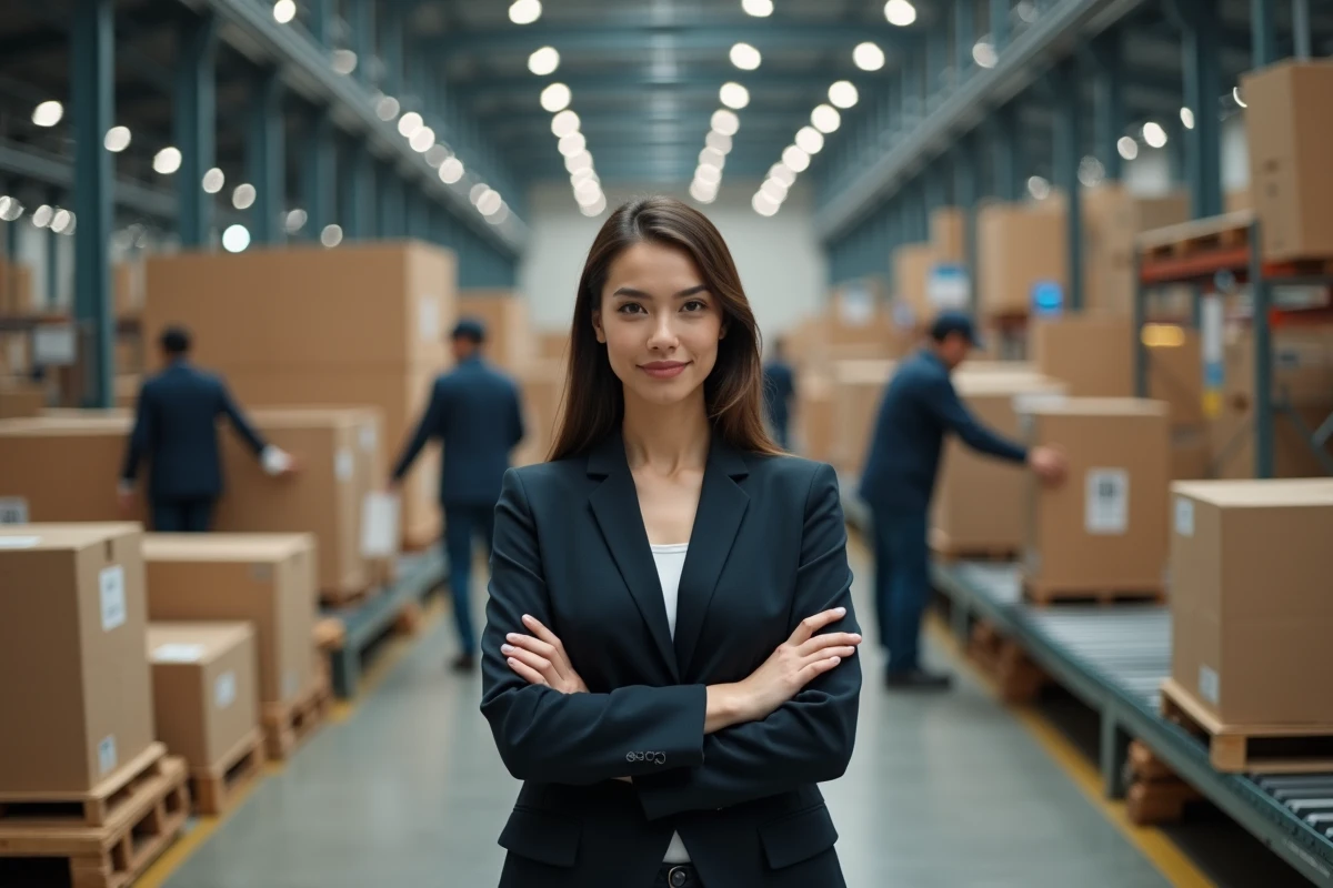 Jeune femme dans un entrepôt logistique dynamique