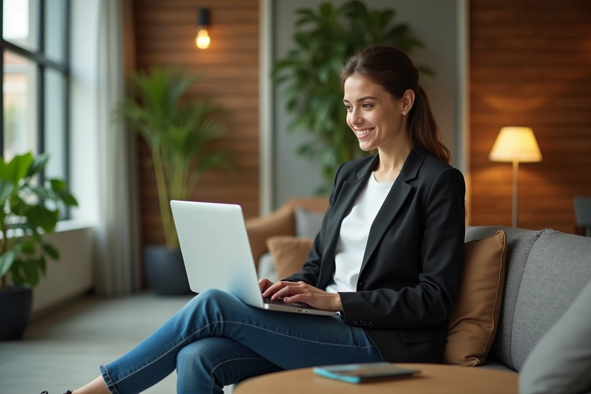 Jeune femme en coworking avec son ordinateur portable