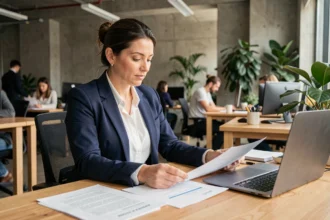 Femme professionnelle examinant des documents relatifs au portage salarial et au statut auto-entrepreneur dans un espace de co-working moderne