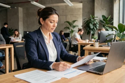 Femme professionnelle examinant des documents relatifs au portage salarial et au statut auto-entrepreneur dans un espace de co-working moderne