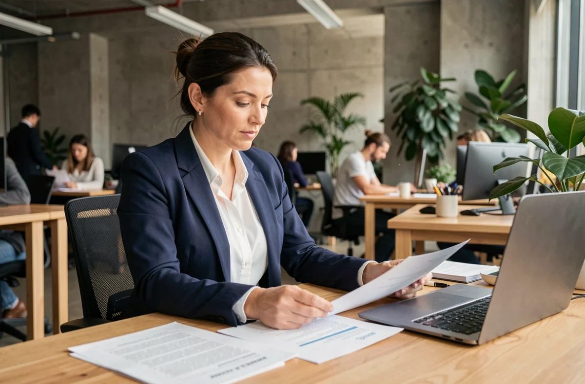 Femme professionnelle examinant des documents relatifs au portage salarial et au statut auto-entrepreneur dans un espace de co-working moderne