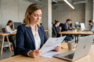 Femme professionnelle en portage salarial étudiant un contrat dans un espace de coworking moderne