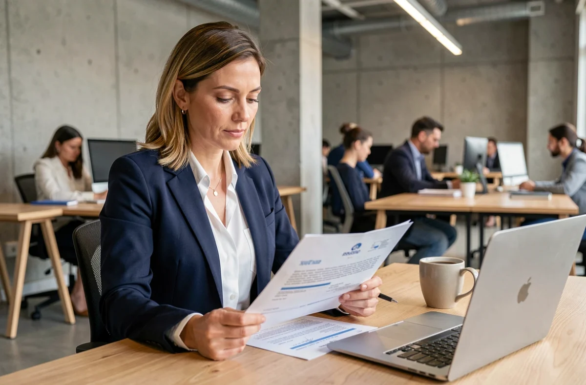 Femme professionnelle en portage salarial étudiant un contrat dans un espace de coworking moderne