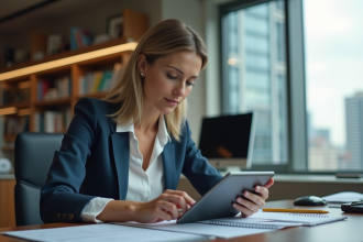 Femme d affaires concentrée avec tablette dans un bureau moderne