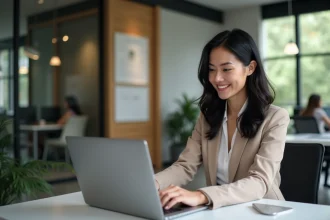 Femme professionnelle souriante au bureau moderne