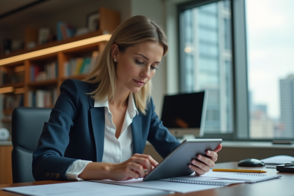 Femme d affaires concentrée avec tablette dans un bureau moderne