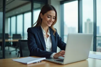 Femme professionnelle concentrée au bureau avec ordinateur