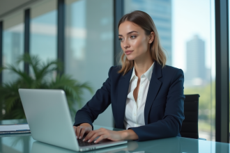 Femme professionnelle en bureau avec CRM et ordinateur