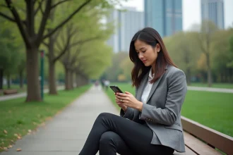 Jeune femme professionnelle utilisant son smartphone en plein air