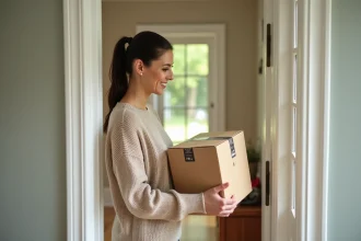 Femme recevant un colis Shein livré à domicile, tenant le paquet devant sa porte d'entrée