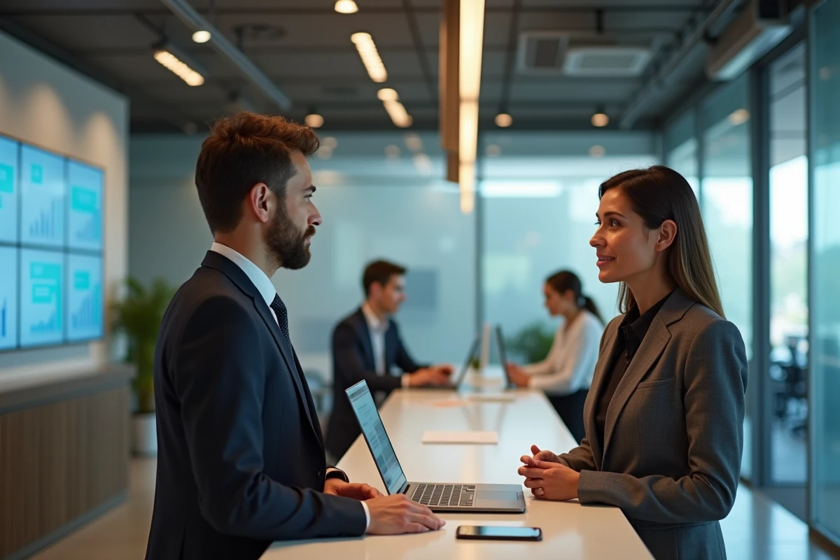 Femme d affaires parlant à la réception avec ordinateur ouvert