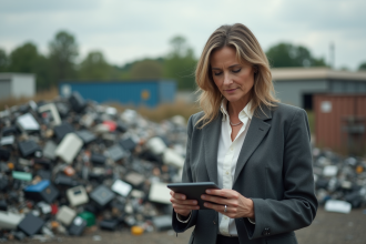 Femme d'âge moyen examine un déchet électronique dans un centre de recyclage
