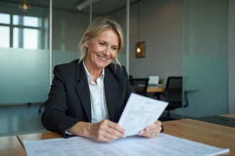 Femme d affaires souriante vérifiant sa fiche de paie au bureau