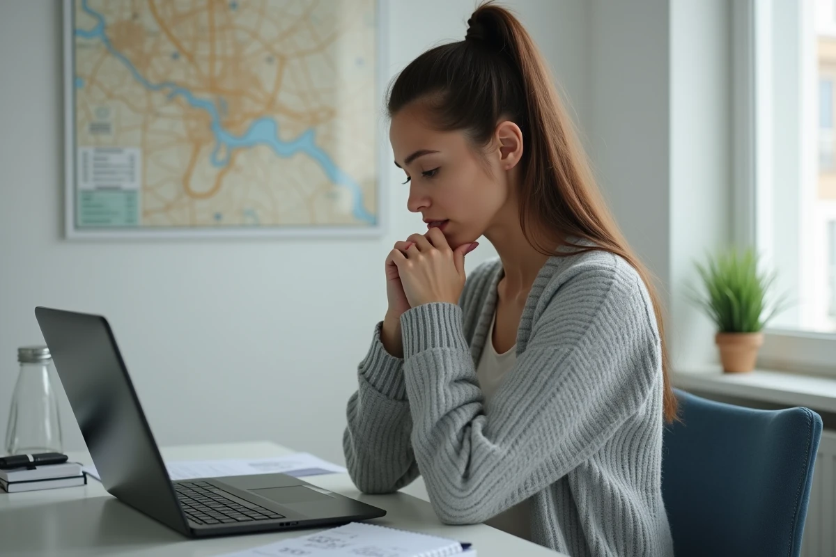 Jeune femme seule simulant un prêt immobilier sur ordinateur, reflétant les interrogations d'un premier achat immobilier