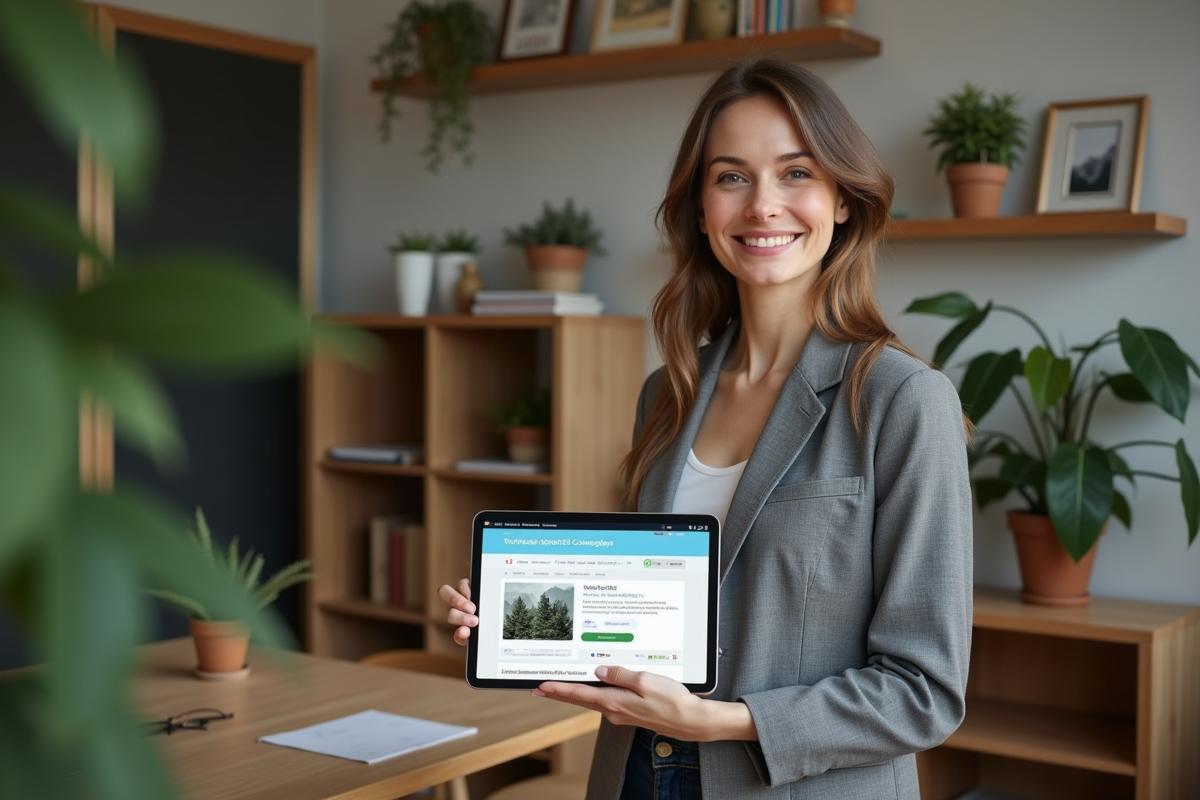 Femme souriante tenant une tablette avec campagne crowdfunding
