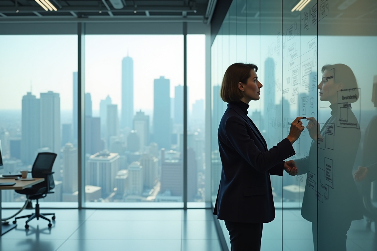 Femme d affaires dessinant une strategie marketing devant une fenetre urbaine