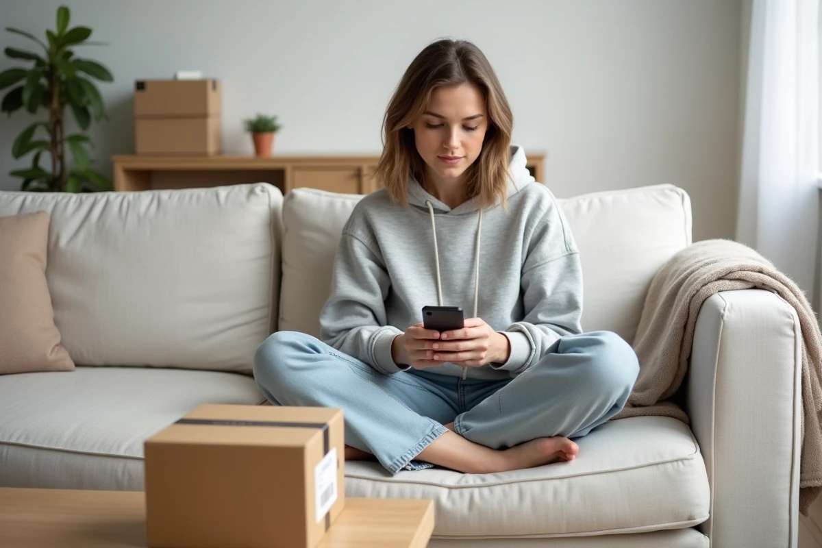 Jeune femme consultant le suivi de livraison de sa commande Shein sur smartphone chez elle