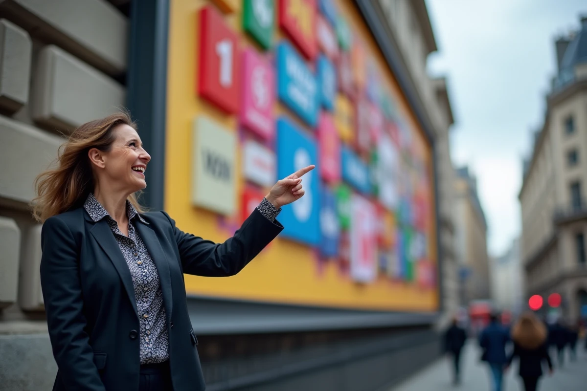 Femme souriante pointant une affiche urbaine avec logos faux