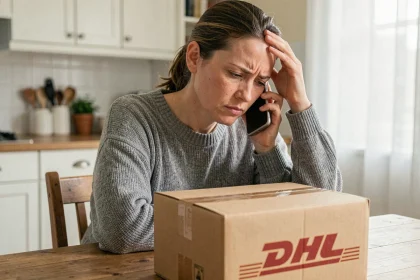 Femme frustrée au téléphone avec un colis DHL sur la table, illustrant l'attente au service client