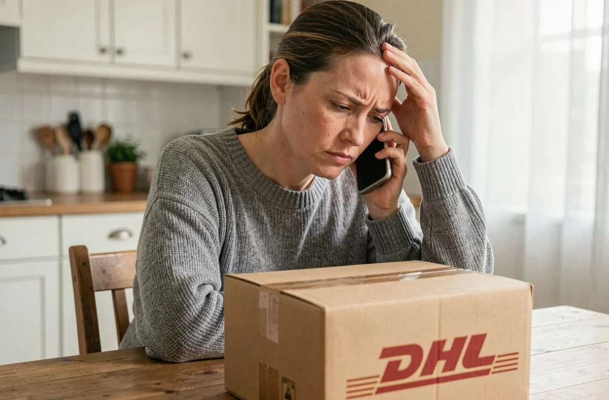 Femme frustrée au téléphone avec un colis DHL sur la table, illustrant l'attente au service client