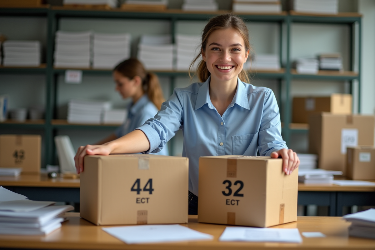 Jeune femme teste la solidite d un carton dans un bureau