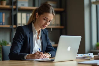 Femme concentrée prenant des notes dans un bureau professionnel