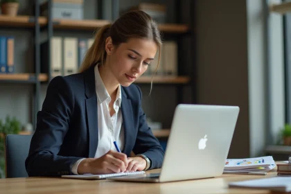 Femme concentr&eacute;e prenant des notes dans un bureau professionnel