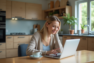 Femme travaillant sur un laptop dans une cuisine moderne