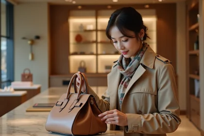 Jeune femme examine un sac en cuir dans une boutique élégante