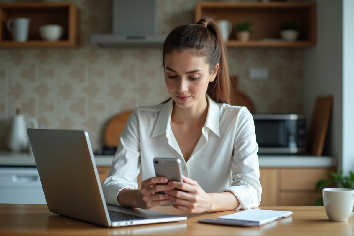 Jeune femme consulte son t&eacute;l&eacute;phone pour r&eacute;soudre un probl&egrave;me