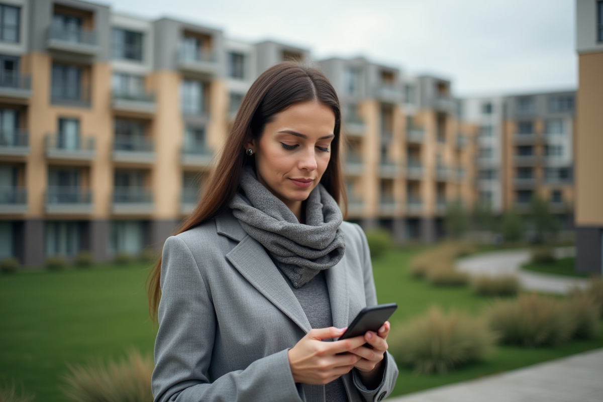 Femme française dans la ville regardant son smartphone