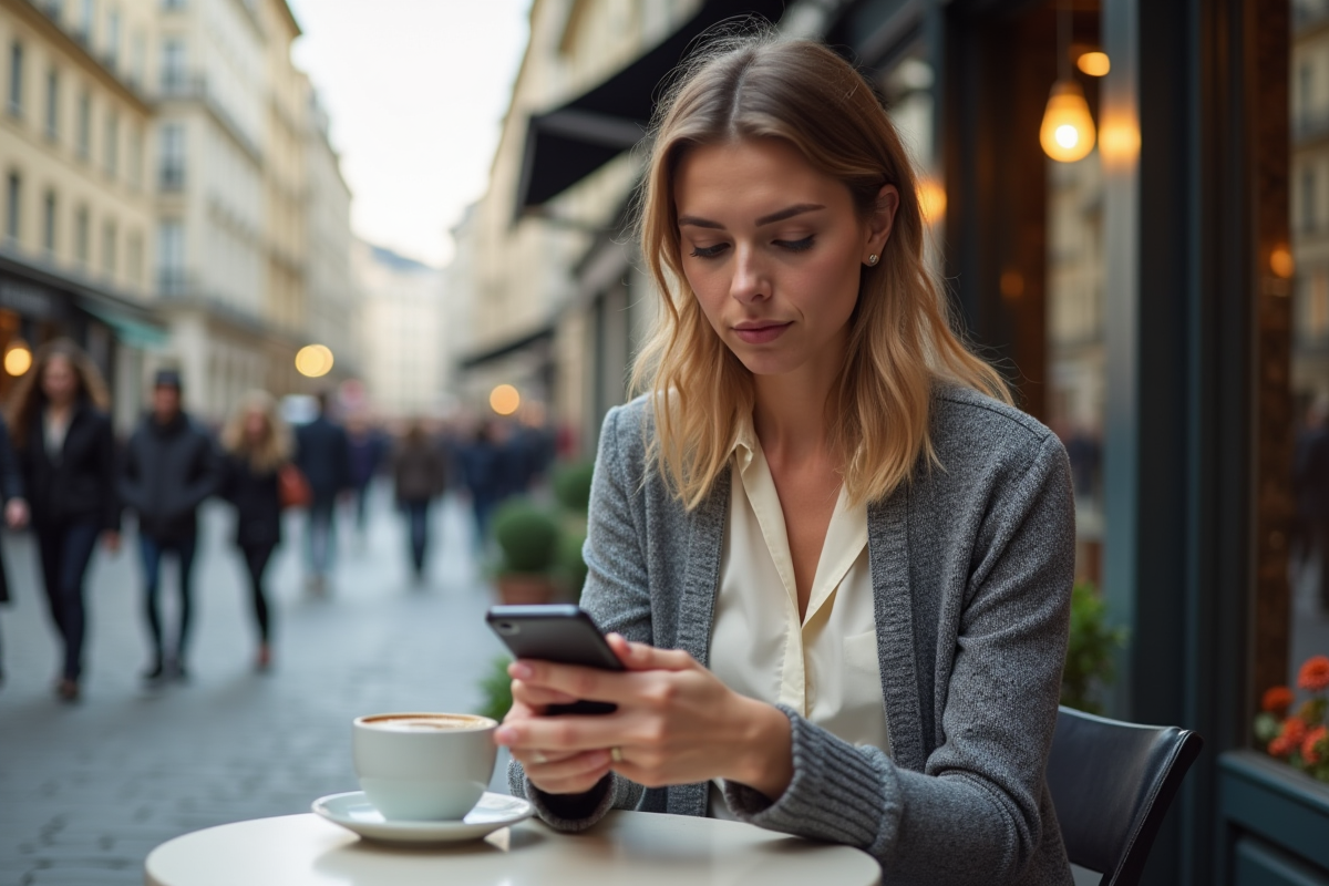 Jeune femme utilisant son smartphone au café à Paris