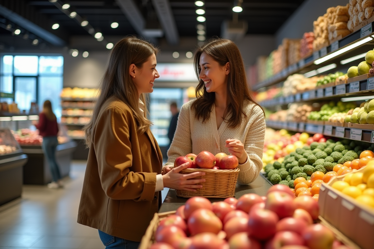 Deux femmes souriantes dans un supermarché moderne