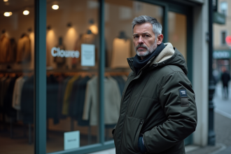 Homme réfléchissant devant un magasin de vêtements fermé